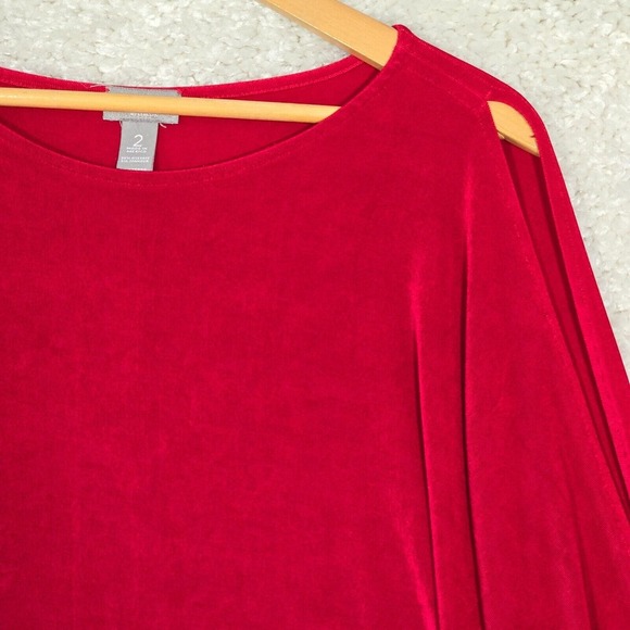 Chicos Travelers Cold Shoulder Top Womens Large Red Slinky Ruched Party Holiday - Picture 3 of 12